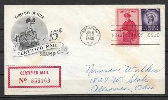 1955 ScFA1 Certified Mail FDC with enclosed receipt 