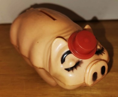 Light plastic Pig Bank - tips his hat when you make a deposit