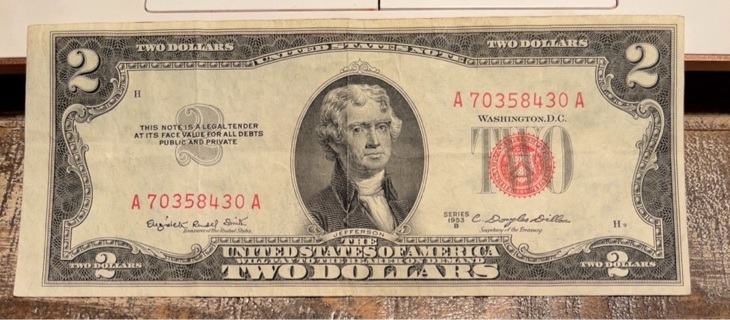 Vintage Series 1953 B Red Seal Two Dollar Bill