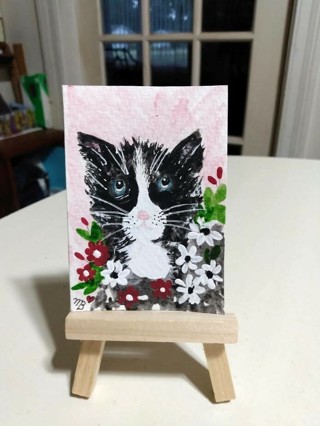 ACEO Original, Watercolor Painting 2-1/2"X 3/1/2" Kitty in the flower bed by Artist Marykay Bond