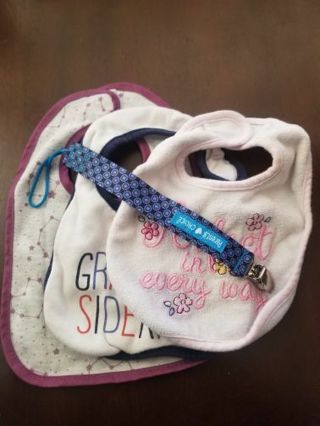 3 Baby Bibs & Pacifier Strap/Holder, Nail Clippers