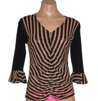 Tan Black Stripe Mesh Nylon Ruched Blouse Top Size 6 Stretch 3/4 Sleeves Steampunk