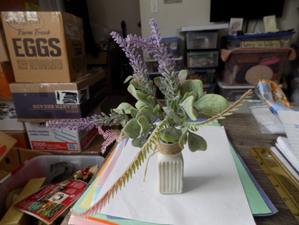 White ribbed square base/vase with bouquet of purple flowers # 3