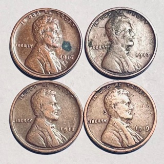 4 Different 19-Teens Lincoln Wheat Pennies 