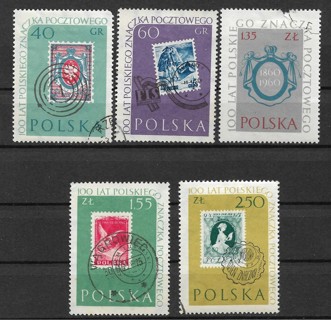 1960 Poland Sc909-13 Centenary of Polish Stamps used/CTO C/S of 5