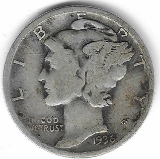 1936-D Mercury Dime 90% Silver U.S. 10 Cent Coin