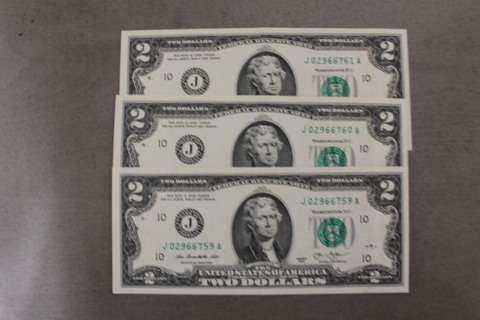 3- CIRCULATED $2.00 BILL IN SEQUENCE