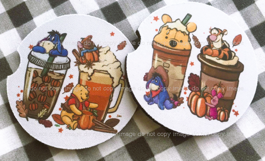 Set of 2 Car Coasters Pooh Fall Latte Coaster Autumn Auto Accessories 