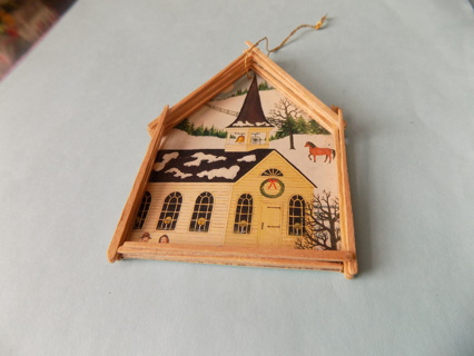 hand made vintage Christmas ornament made out of toothpicks, house shaped