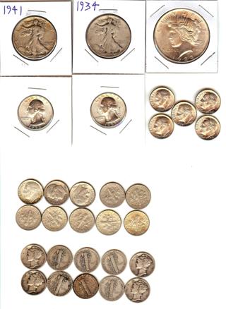 THIRTY X 90% Silver Coins - $5.00 Face Value, Uncirculated/Circulated Mix including Peace Dollar