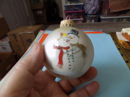 Vintage 2 1/2 inch round frosted ornament hand painted snowman couple signed #2