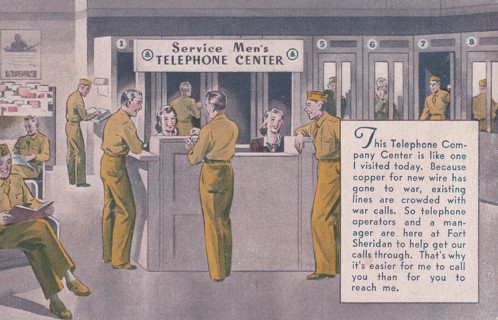 Vintage Unused Postcard: d: Comic:  Service Men's Telephone Center