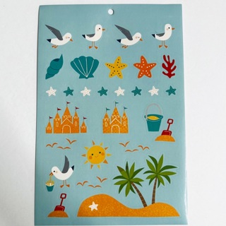 Beach Sandcastles, Palm Trees, Seagulls & Seashells sheet of Stickers 