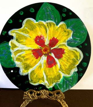 Hand painted Flower on Black Round Paper Canvas “hibiscus" 6 inches