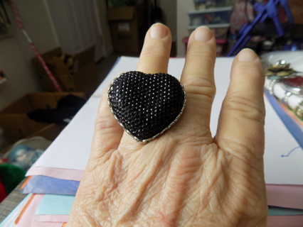 Adjustable cocktail ring heart shape 2 inch black stone covered in 