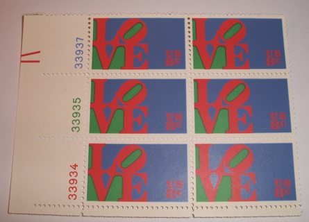 Scott #1475, Love, Pane of 6 Useable 8¢ US Postage Stamps