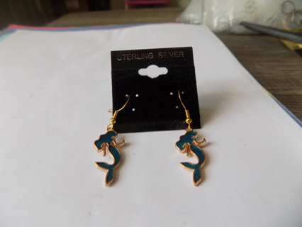 French Hook earrings blue enamel Mermaids 2 inch