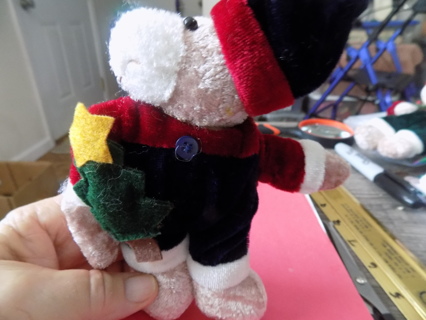 Christmas bear plush ornament # 2 blue hat trim in red, red & blue outfit