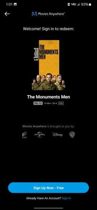 The monuments men Digital HD movie code MA/VUDU/iTunes