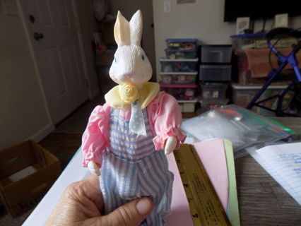 9 inch tall resin white rabbit standing in blue stripe and pink skirt yellow color satin roses