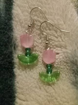 Pink flower crystal beaded earrings nip