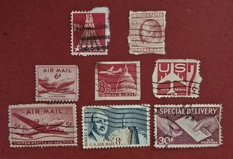 Lot of 8 Used Air Mail and Other US Postage Stamps