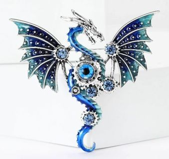 Stunning Blue Steampunk Mechanical Flying Dragon Brooch New