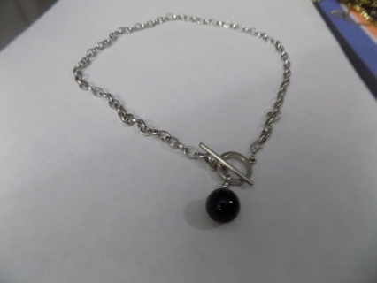 Silvertone necklace chain with black ball bead charm 