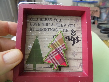 3 1/2 inch square marron shadowbox ornament in 3D plaid trim Says God Bless you and Keep You 