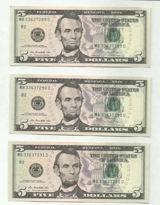 NEW NM FIVE Dollar Bills Series 2017A  Star Note / $5 Bill Sequential Serial No. Lot of 3
