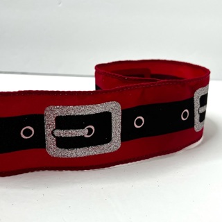 Santa Belt Red Silver Glitter 2.5” Wire Edge Ribbon 