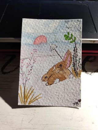 ACEO Original, Watercolor Painting 2-1/2"X 3/1/2"Whimsical Bunnies by Artist Marykay Bond