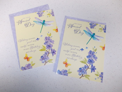 (2) Flowers & Dragonfly BIRTHDAY CARDS with Envelopes