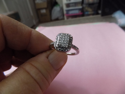 Silvertone band ring # 1 sz 8 1/2 square top rows of square rhinestones, 3 down sides