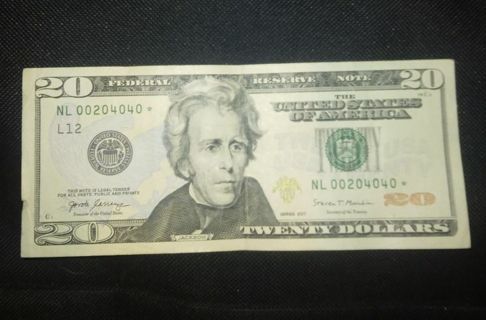 Free: Rare awesome star note $20.00 note lower 5 numbers are 0's bill ...