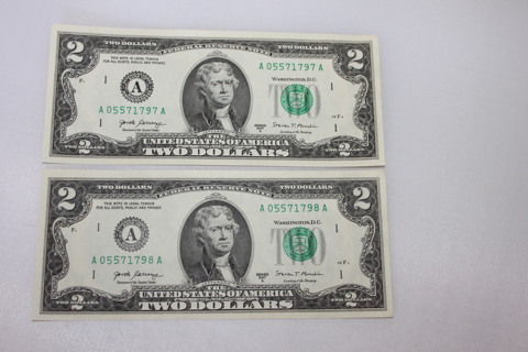 2 UNCULATED $2 BILLS, WITH SERIAL # IN SEQUENCE