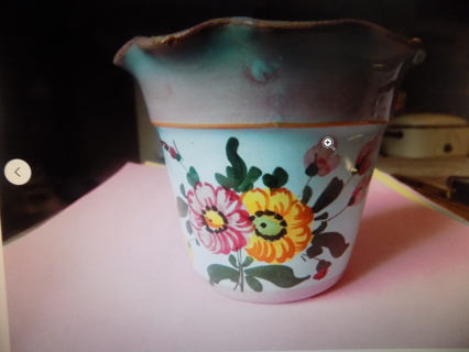 Vintage made in Italy blue porcelain flower pot ruffled edge, painted yellow,pink blue flower