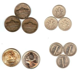 Genuine Silver Lot $1.25 Face Value - 3 War Nickels, 3 Mercury Dimes, 3 Roosevelt dimes, 2 BU 25c
