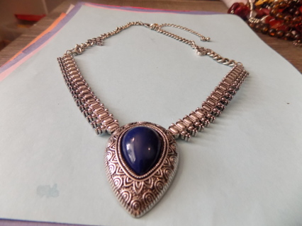 Necklace vintage long silvertone teardrop dangle with blue stone