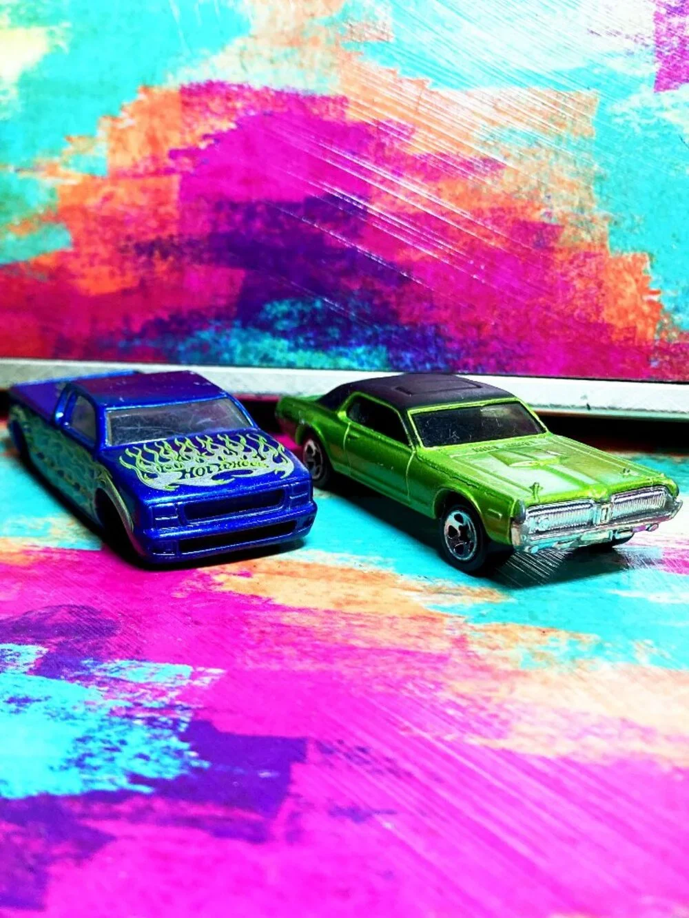 HOT WHEELS COLLECTIBLE TOYS- *2001* Green '68 Cougar & *2003* Blue Steel Flame