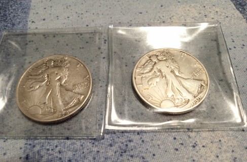 2 Walking Liberty Silver Half Dollars 90% Silver - Circulated 