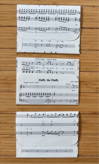 Three handmade Music themed envelopes 