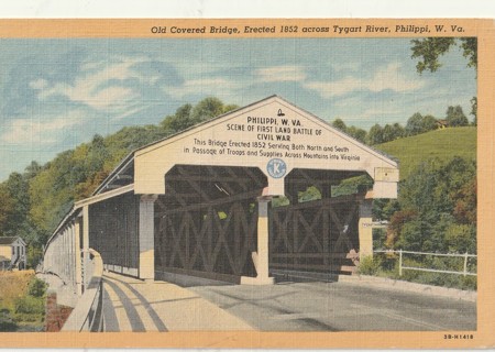 Vintage Unused Postcard: Linen: (WV): West Virginia: Covered Bridge across Tygart River, Phillippi