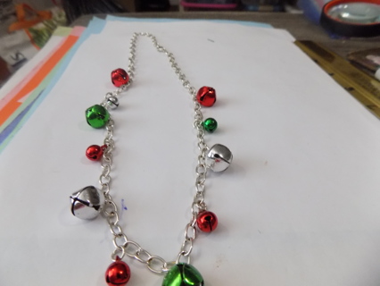 Christmas necklace silvertone chain large links with red, green silver jingle bells