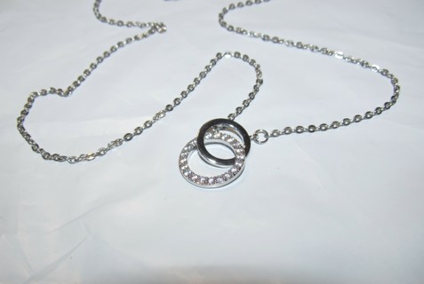 Silver Necklace Double Rings with Clear Gems
