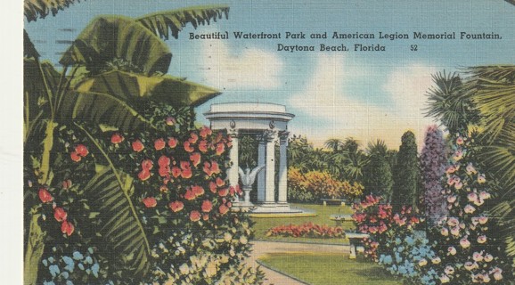 Vintage Used Postcard: u: Linen: 1948 American Legion Fountain, Daytona Beach, FL