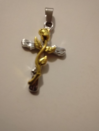 silver cross  & gold rose - plated on stainless steal charm 