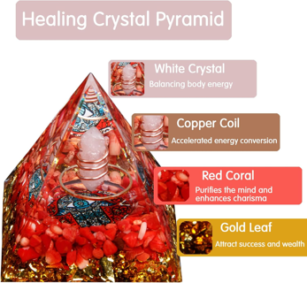 Orgone Healing Crystal Pyramid, Positive Energy Generator, Resist Stress, Luck, Wealth (Red Coral)