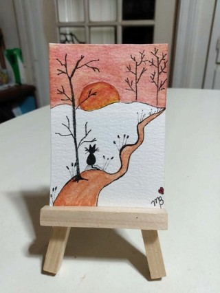 ACEO Original, Watercolor Painting 2-1/2"X 3/1/2" Moon, Cat & Trees by Artist Marykay Bond