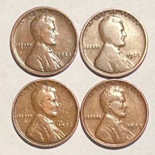 4 Different 1920’s Lincoln Wheat Pennies 